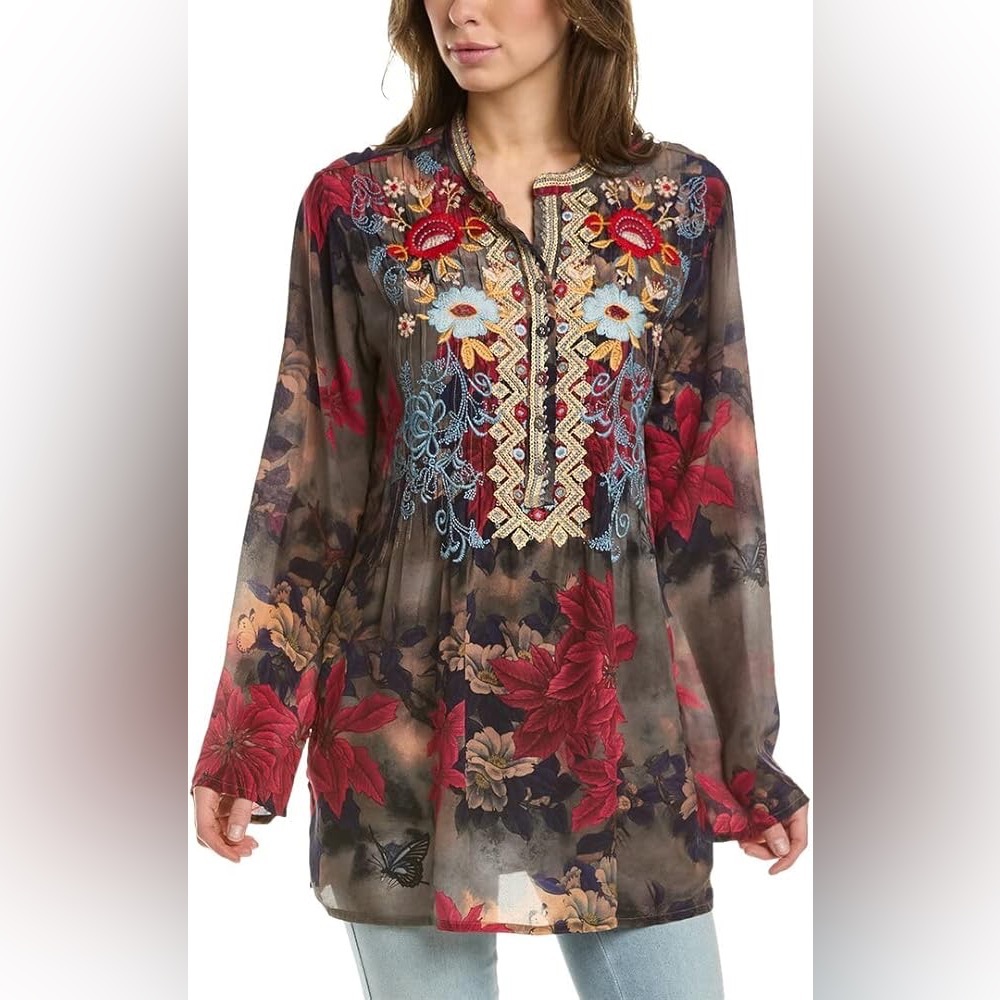 Johnny Was Sheer Floral Tunic in Blue, Pink, Green and Cream